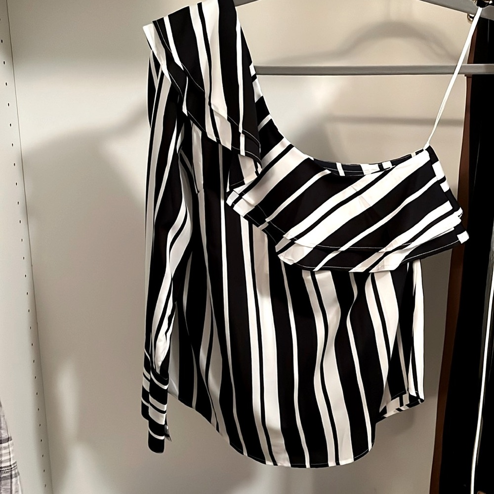 One shoulder Navy Blue and White striped XS Petite top